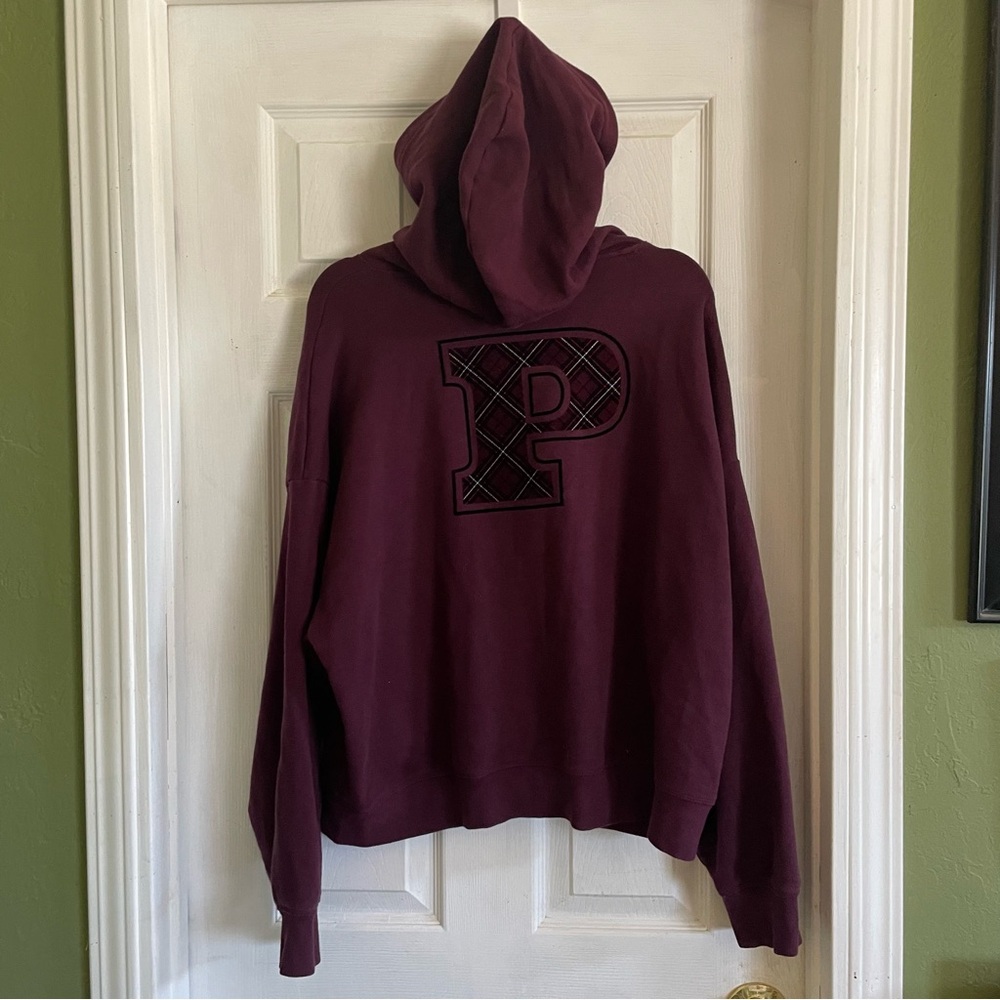 Victoria’s Secret PINK Burgundy Oversized Hoodie Plaid Logo Pullover Size XL